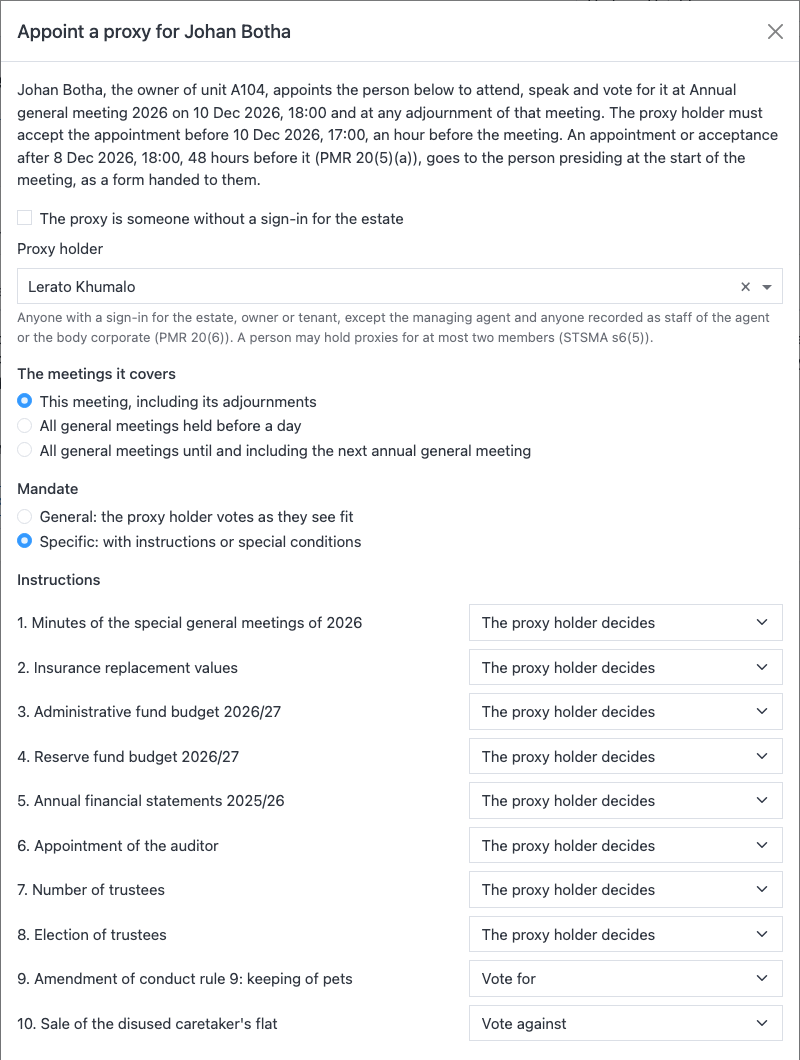 The appoint-a-proxy dialog with a proxy holder, a specific mandate and an instruction for each resolution, beside a phone listing the proxies a member holds.
