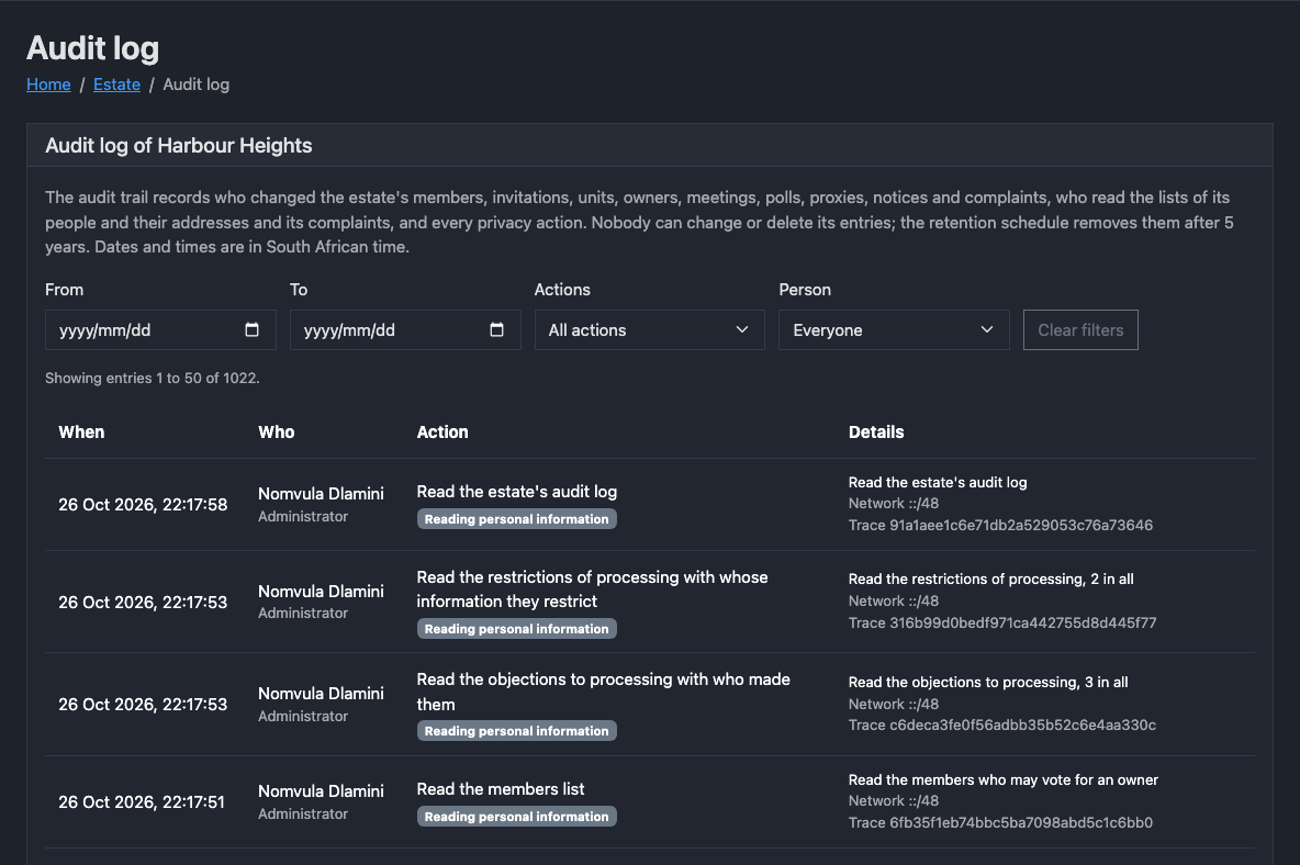 The audit log in the dark theme, listing what an administrator did and read in the estate, each entry with its time, the person's role, the action and its details.