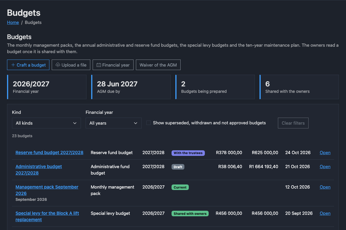 The budgets list in the dark theme: the financial year, the AGM's due date, a monthly pack, budgets for both funds and a special levy budget, each with its status.