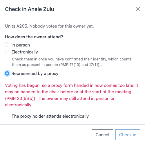 The check-in dialog for an owner represented by a proxy once voting has begun, which turns away a signed form handed in so late.