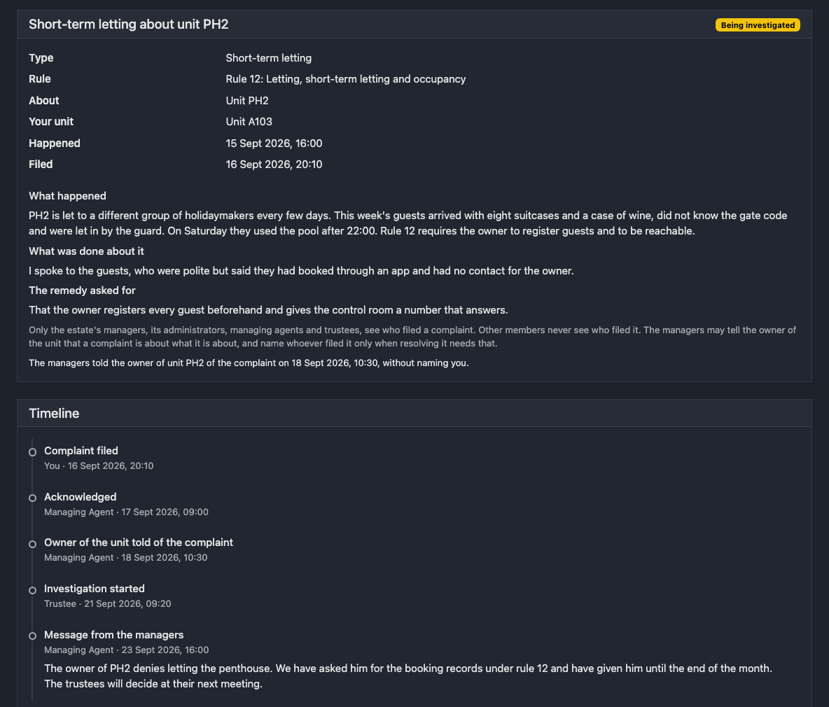 A short-term letting complaint in the dark theme as its reporter sees it, marked being investigated, with the rule, the unit, what happened, the remedy asked for, a note on who sees who filed it and its timeline, from the filing to the managers' message.