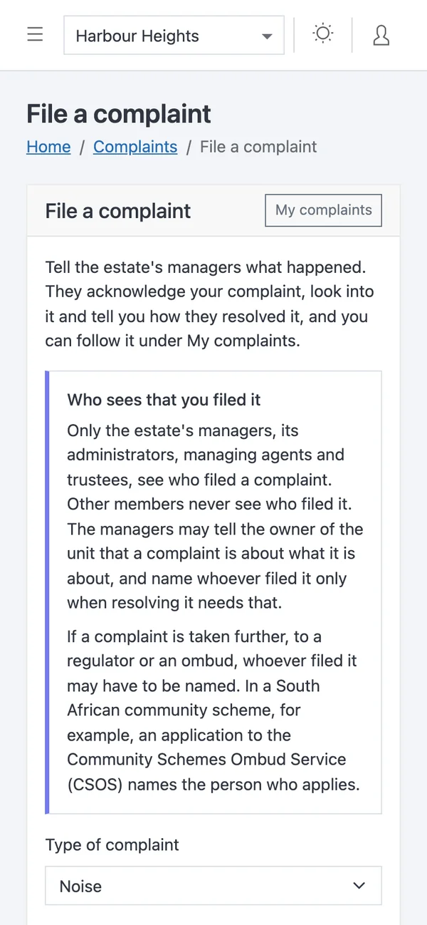 The complaint form on a phone, saying who sees a complaint and that an application to CSOS names the person who applies.