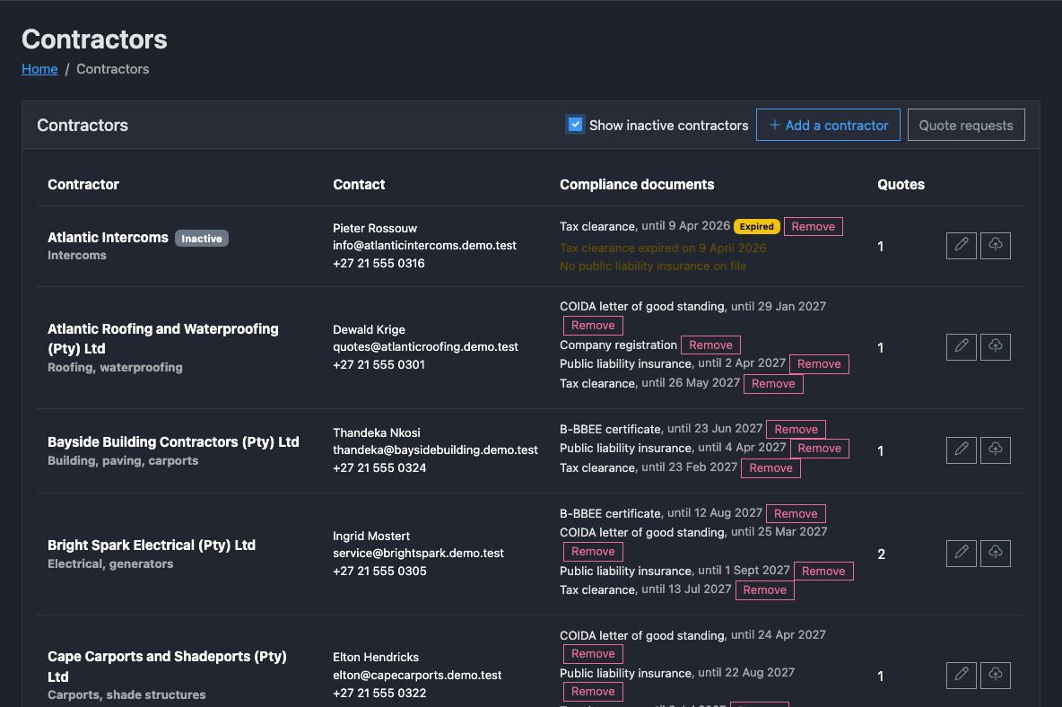 The contractors of a fictional scheme in the dark theme, with their trades, contacts and compliance documents with expiry dates, and warnings where a tax clearance or liability cover is missing or expired.