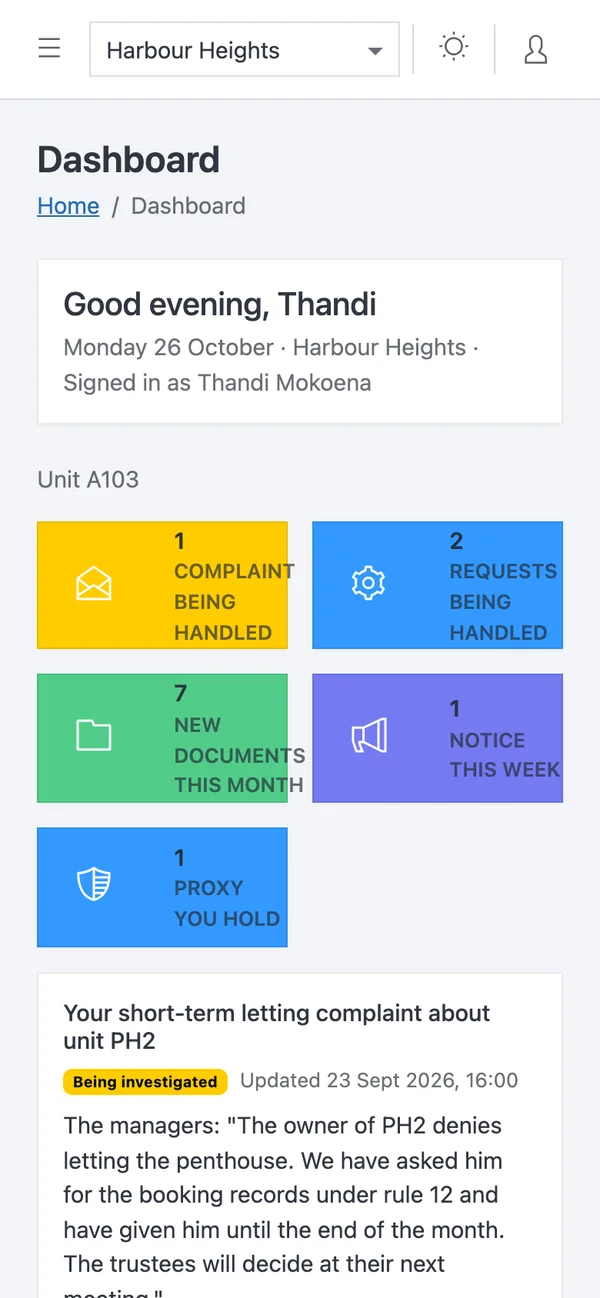 An owner's dashboard on a phone, with tiles for complaints, requests, documents, notices and a proxy held, and the latest update on the owner's own complaint below them.