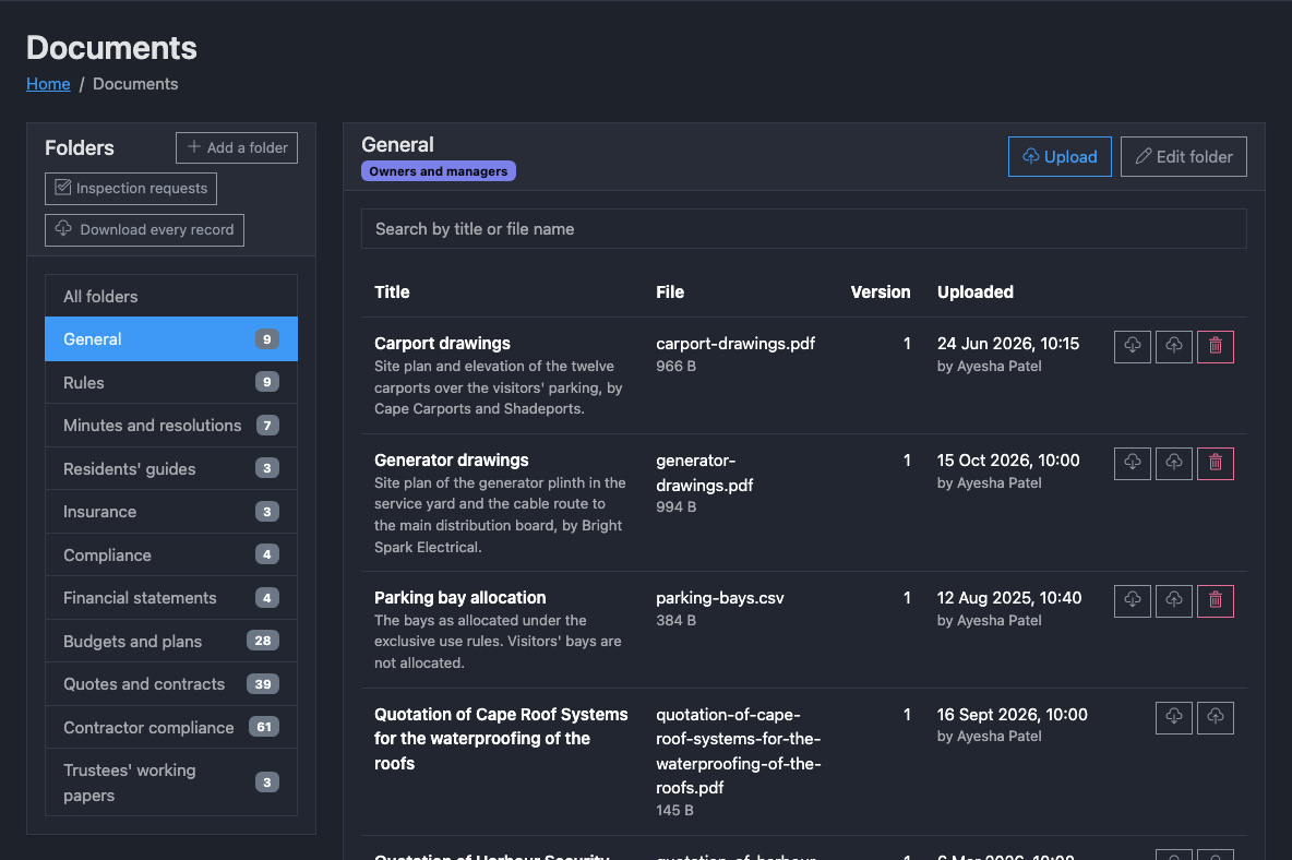 The document library of a fictional scheme in the dark theme, with folders for rules, minutes and resolutions, residents' guides, insurance, compliance, financial statements, budgets and plans, quotes and contracts, contractor compliance and the trustees' working papers, and the General folder open.