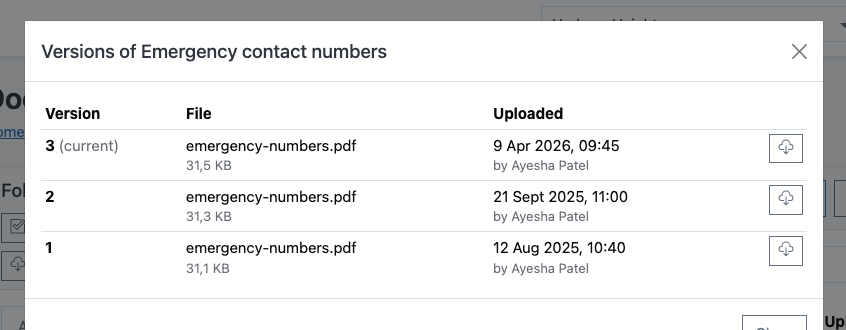 The versions of the emergency contact numbers: the current file as version 3 and two earlier ones, each with its uploader, date and download button.
