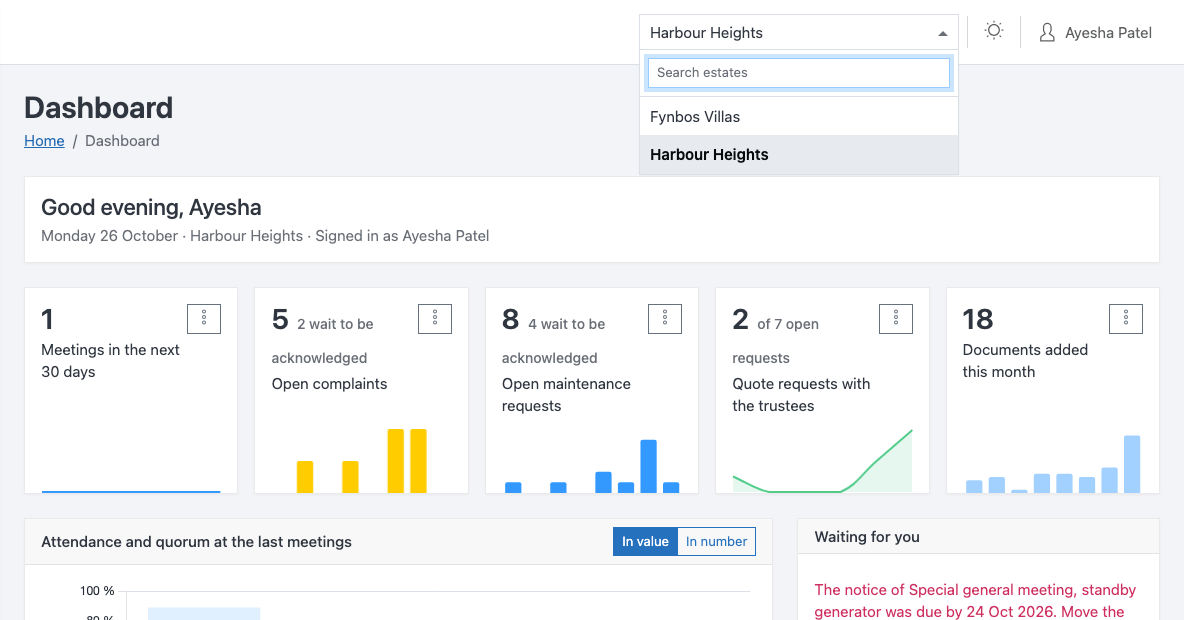 A managing agent's estate switcher open over the dashboard, listing two fictional schemes to choose between.