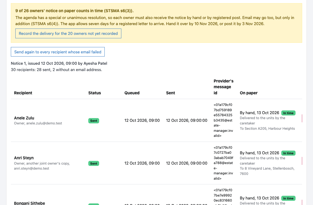 The notice delivery report of an AGM: 28 of 30 recipients sent, two without an email address, each with the address used, the time sent and whether its notice on paper was in time.