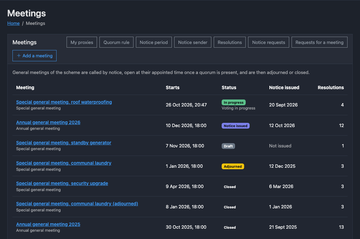 The meetings list of a fictional scheme in the dark theme, with each meeting's date, type and status, the date its notice was issued and its number of resolutions.