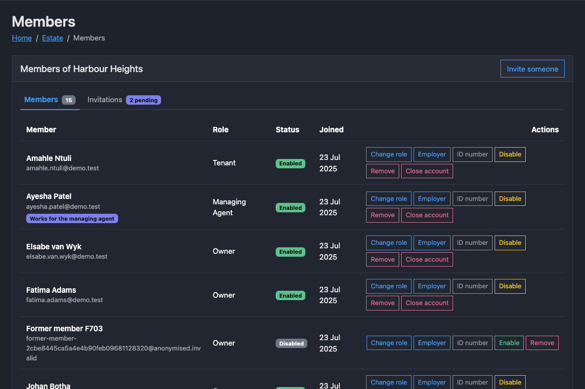 The members of a fictional estate in the dark theme, with each person's role, status and joining date.