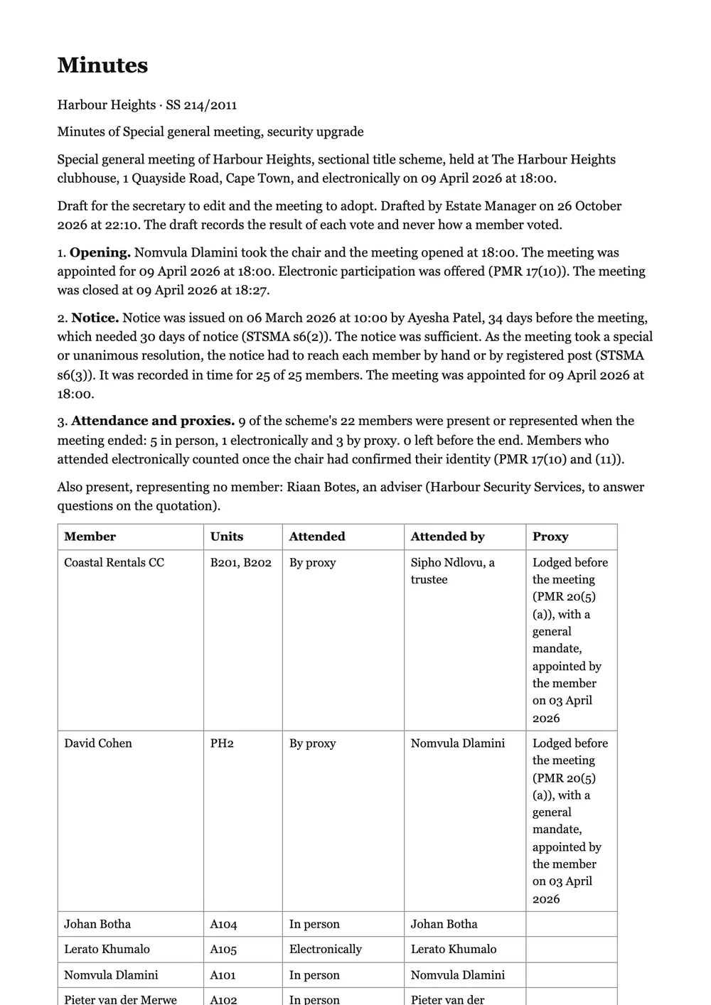 The first page of a minutes draft for a fictional scheme's special general meeting: the opening, the notice and the days it gave, the attendance and proxies, and the table of members with how each attended.