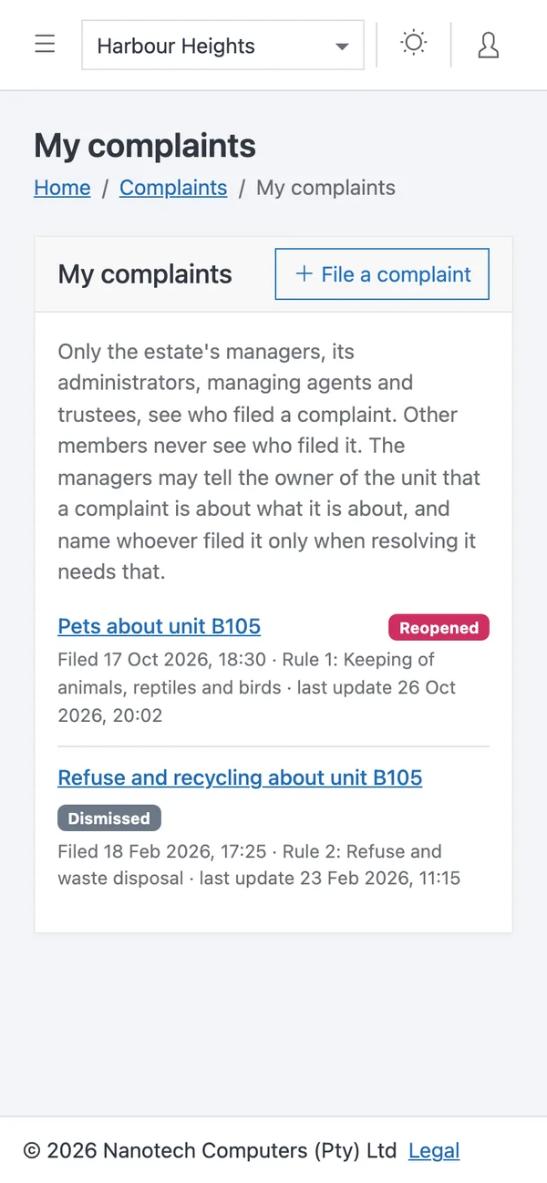 My complaints on a phone, with a note on who sees a complaint above a pets complaint and a refuse complaint, each with its status and dates.