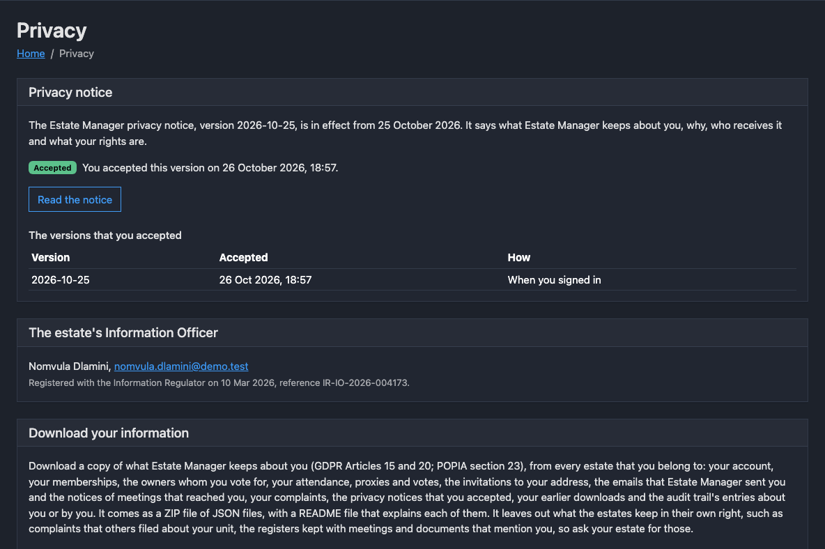 The privacy centre in the dark theme: the privacy notice in effect and when the person accepted it, the versions they accepted, the estate's Information Officer and the download of their own information.