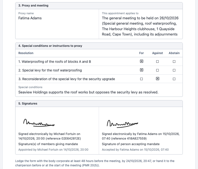 A completed Form C for the company owning unit A203: the proxy named for the special general meeting of 26 October 2026, the instructions to vote for two resolutions and against the third, and the electronic signatures of the member and the proxy.