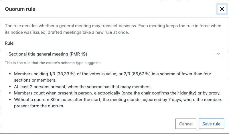 The quorum rule dialog of an estate, with the sectional title preset chosen and the rule it applies set out point by point.