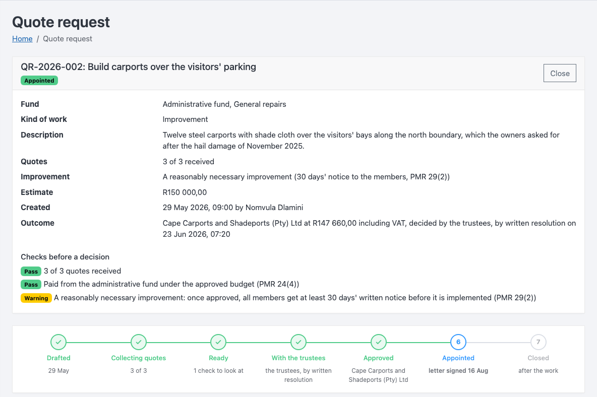 A quote request to build carports over the visitors' parking, marked appointed: the fund, the estimate, three of three quotes received, the outcome decided by written resolution, the checks before a decision and seven steps from drafted to closed.