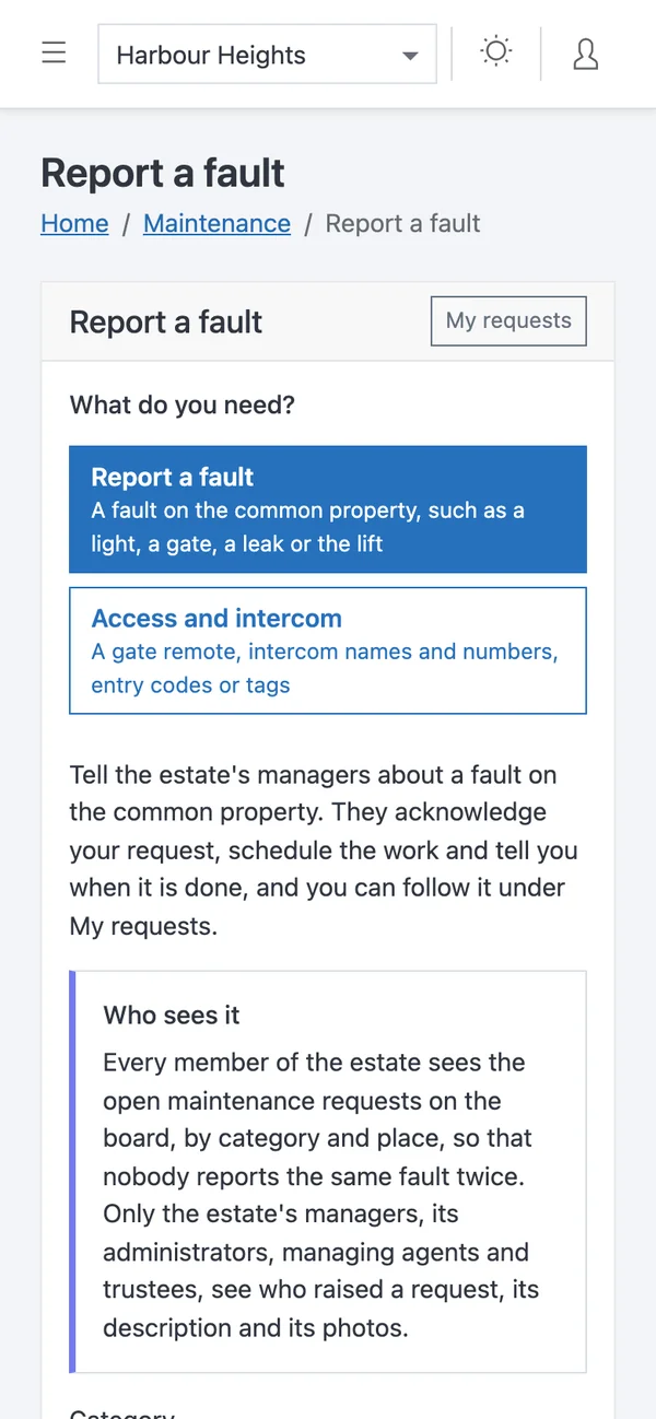 The Report a fault form on a phone, offering a fault on the common property or an access and intercom request, and saying who sees what.