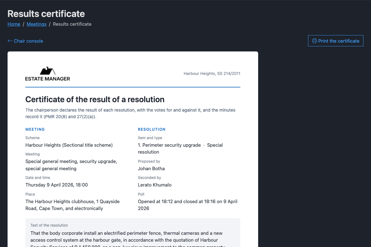 A results certificate in the dark theme for a special resolution on a perimeter security upgrade, with the meeting, the poll's times, the proposer, the seconder and the text of the resolution.