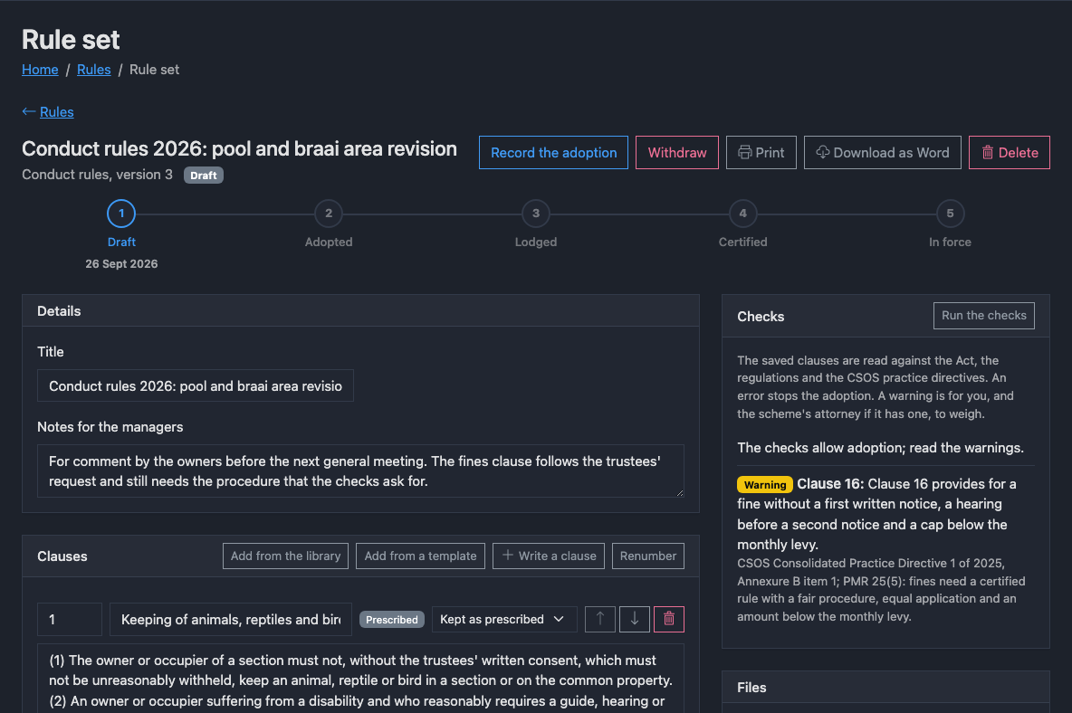 The builder in the dark theme, with a draft of the conduct rules and a check warning about a fine without a fair procedure.