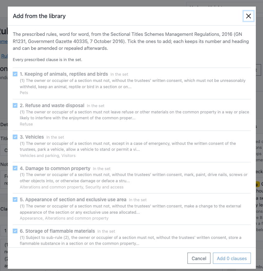 The library dialog listing the prescribed conduct rules, each with its number, heading, the start of its text and its topics.