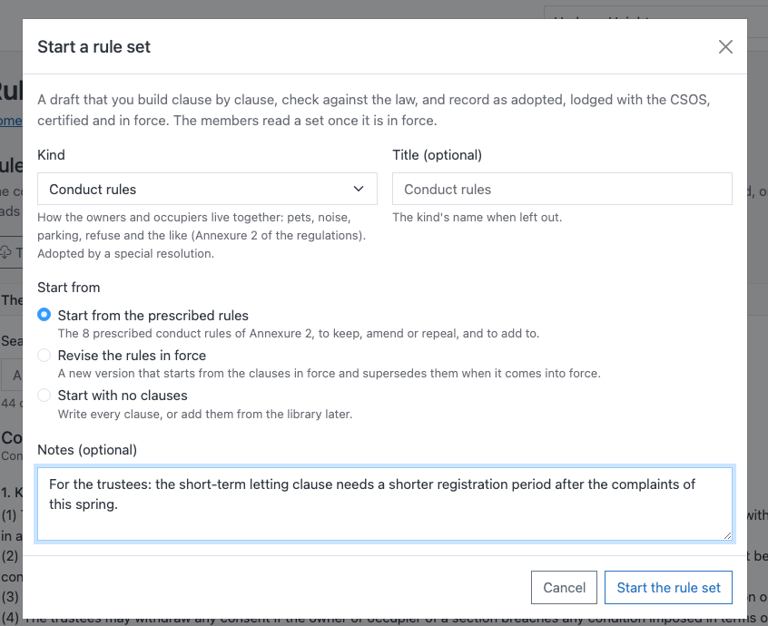 The dialog that starts a rule set, with conduct rules chosen, the special resolution they need, a choice to start from the prescribed rules, the rules in force or no clauses, and a note for the trustees.