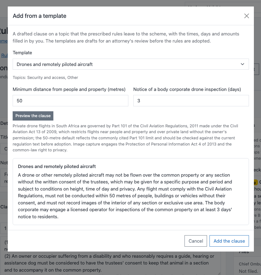 The template dialog for drones and remotely piloted aircraft, with the minimum distance from people and property and the notice of a drone inspection filled in, and the clause previewed below.