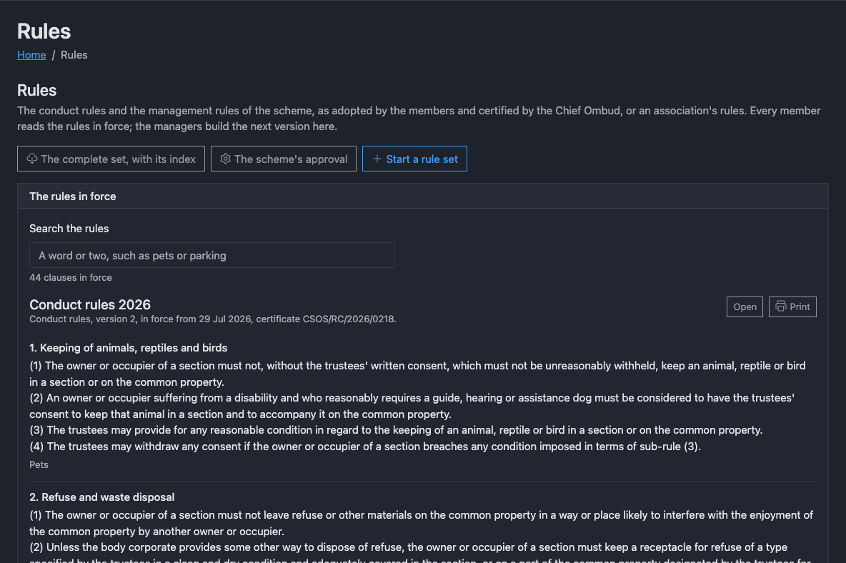 The rules page in the dark theme: the conduct rules in force with their version, date and certificate, and a search across the clauses.