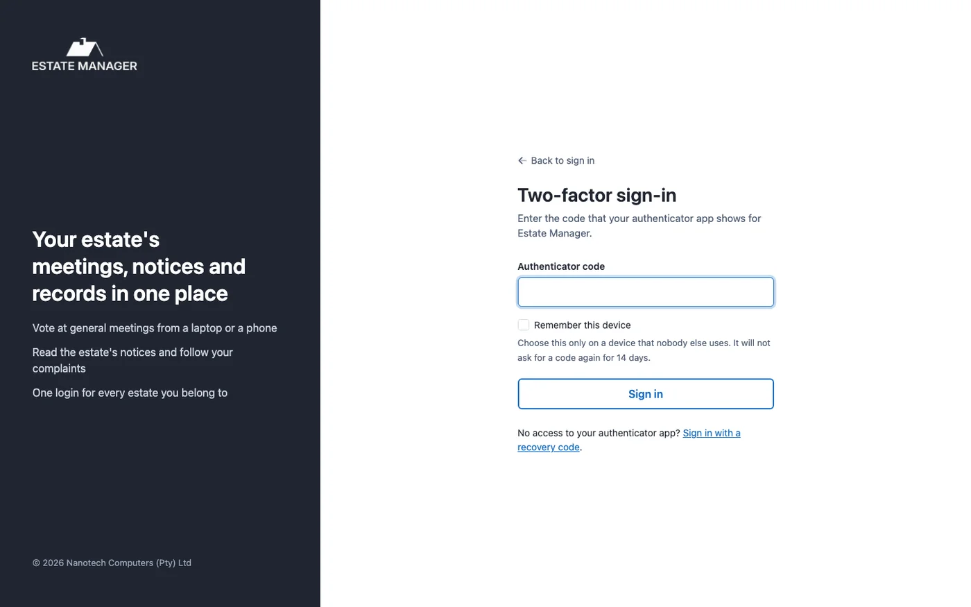 The two-factor sign-in page asking for the code from the authenticator app, with an option to remember the device and a link to sign in with a recovery code.