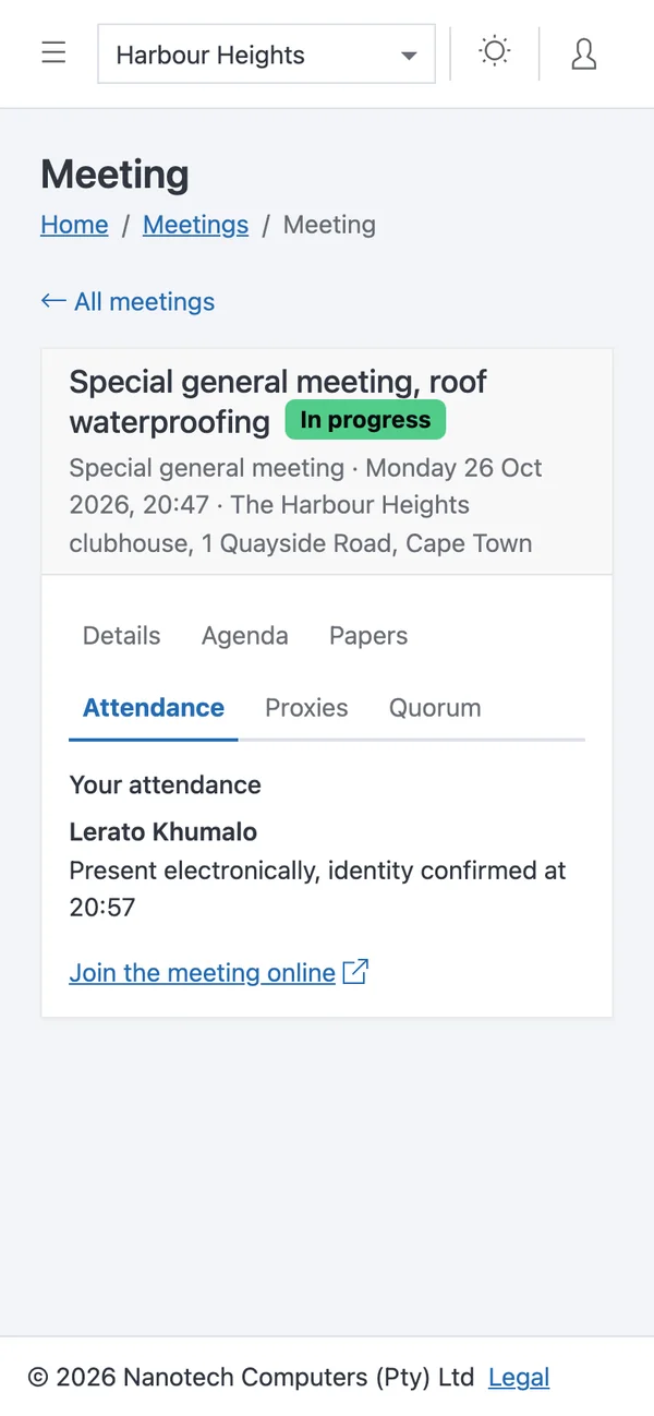 An owner's attendance on a phone: present electronically, identity confirmed at 20:57, with a link to join the meeting online.