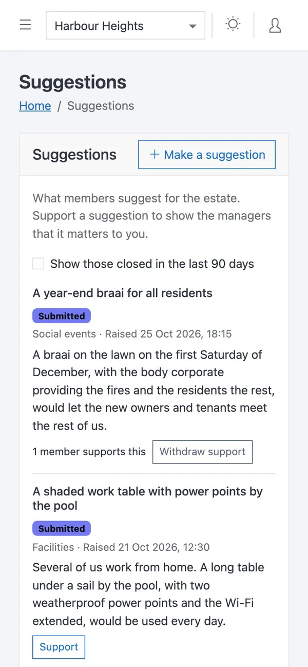 The suggestions board on a phone, with a suggestion for a year-end braai and one for a shaded work table by the pool, each with its category and status, and a Support button.
