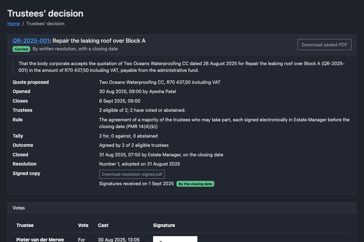 A carried written resolution in the dark theme, with its text, the proposed quote, the rule applied, the tally, the signed copy and the start of the trustees' votes, beside a trustee voting on an open resolution from a phone.