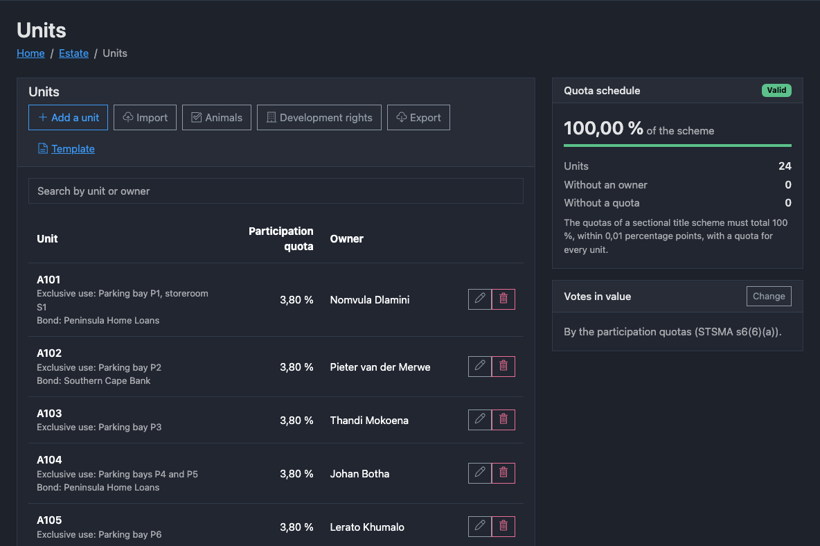 The unit register of a fictional scheme in the dark theme, with units, participation quotas and owners.